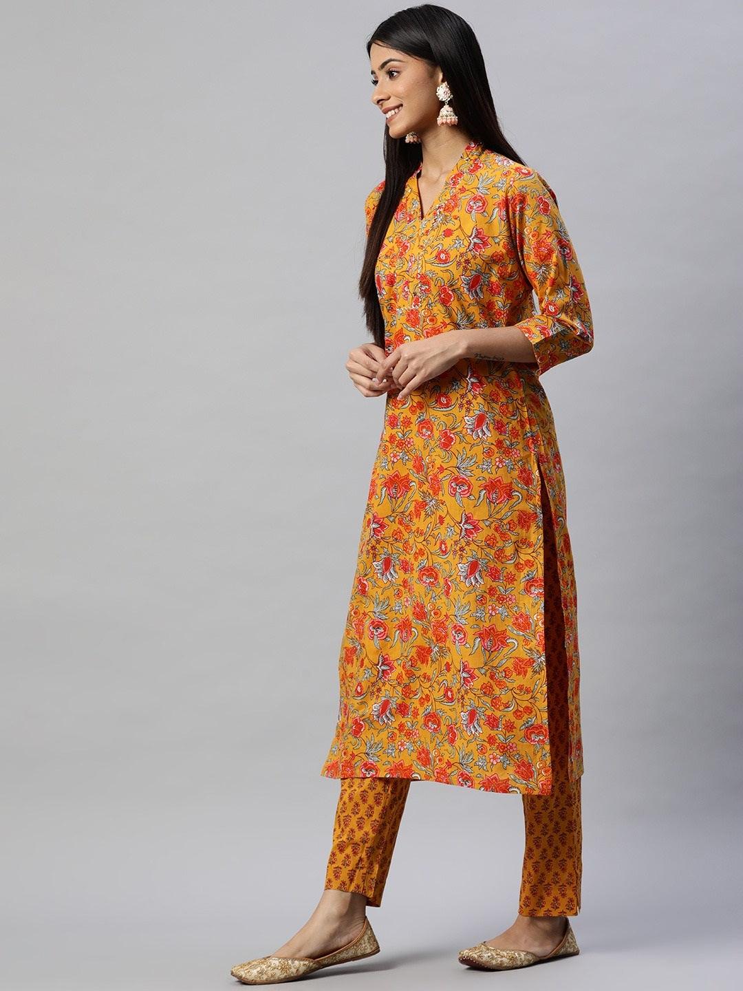 Divena Mustard Cotton Floral Printed Kurta Pant Set