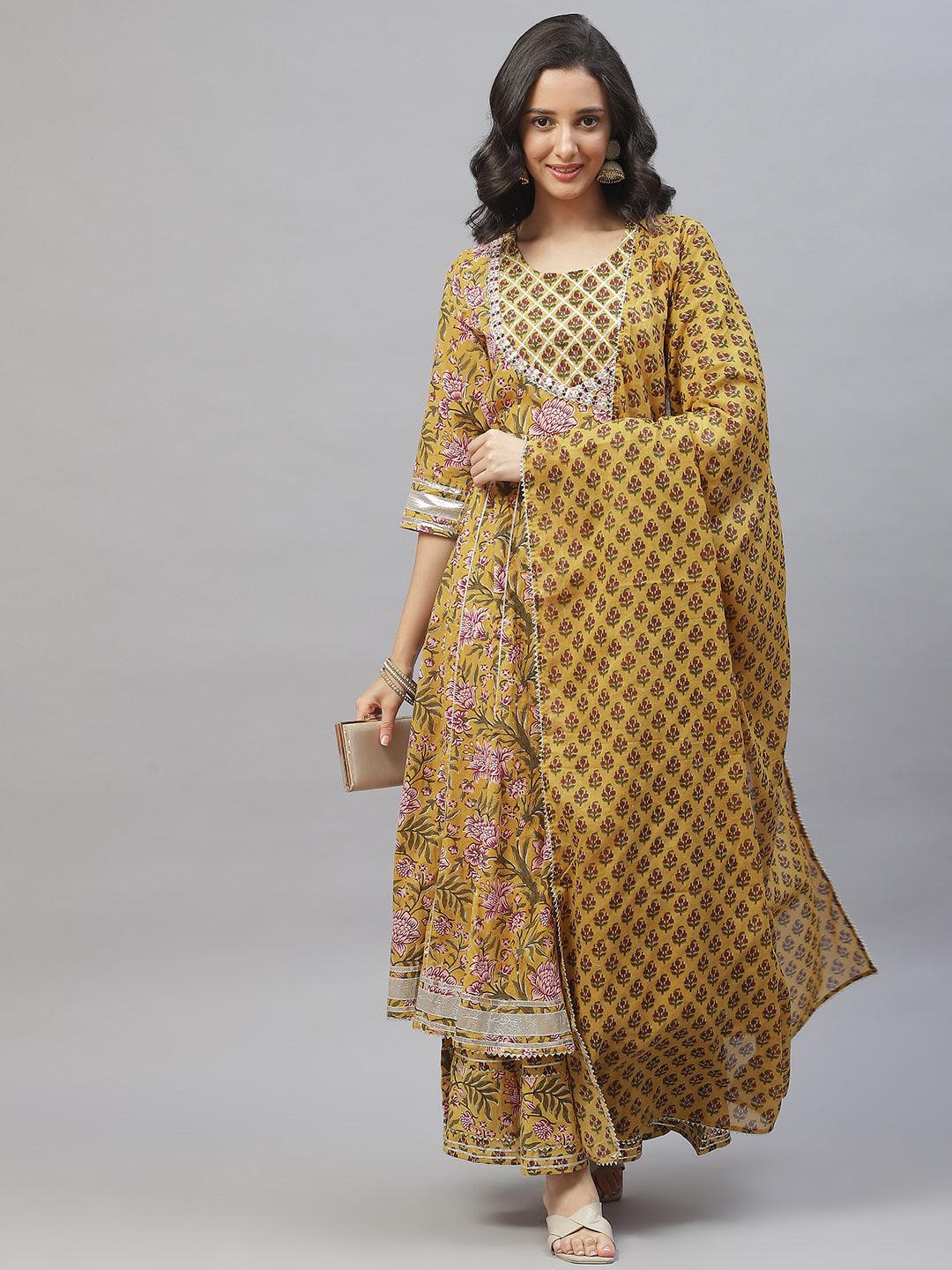 Divena Mustard Cotton Anarkali Kurta Palazzo Set With Dupatta