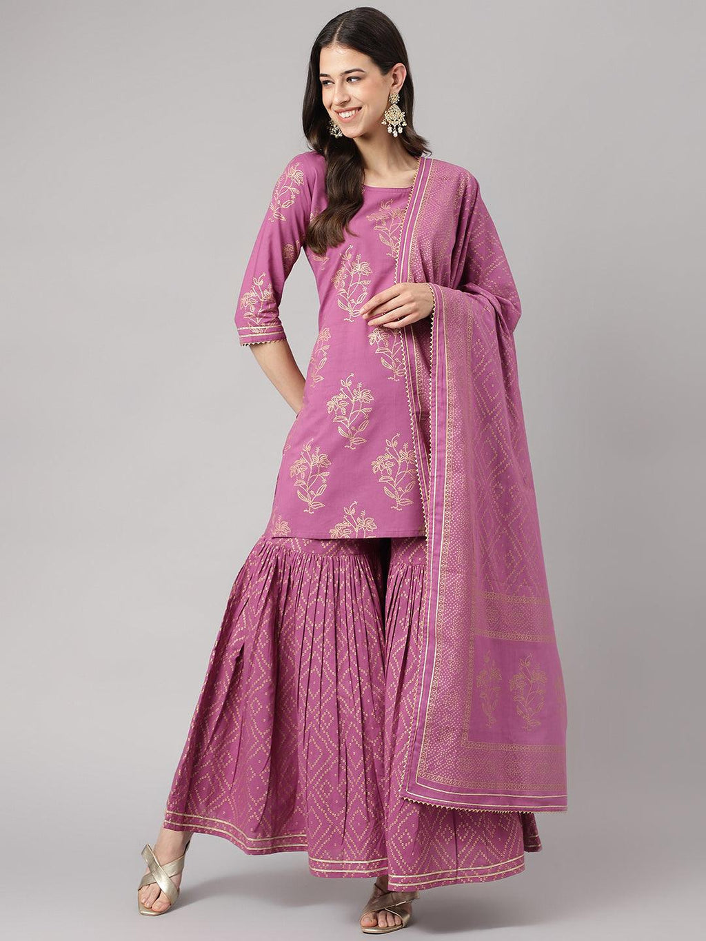 Divena Purple Foil Print Cotton Sharara Set with Dupatta