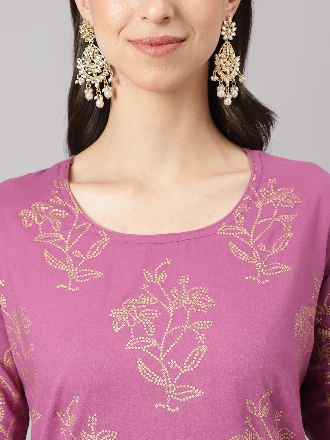 Divena Purple Foil Print Cotton Sharara Set with Dupatta