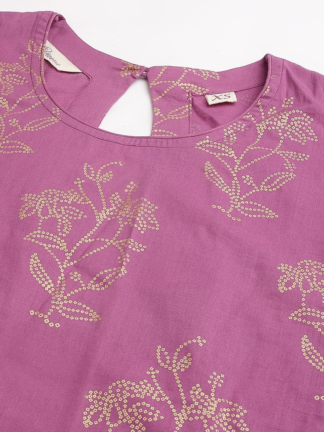 Divena Purple Foil Print Cotton Sharara Set with Dupatta