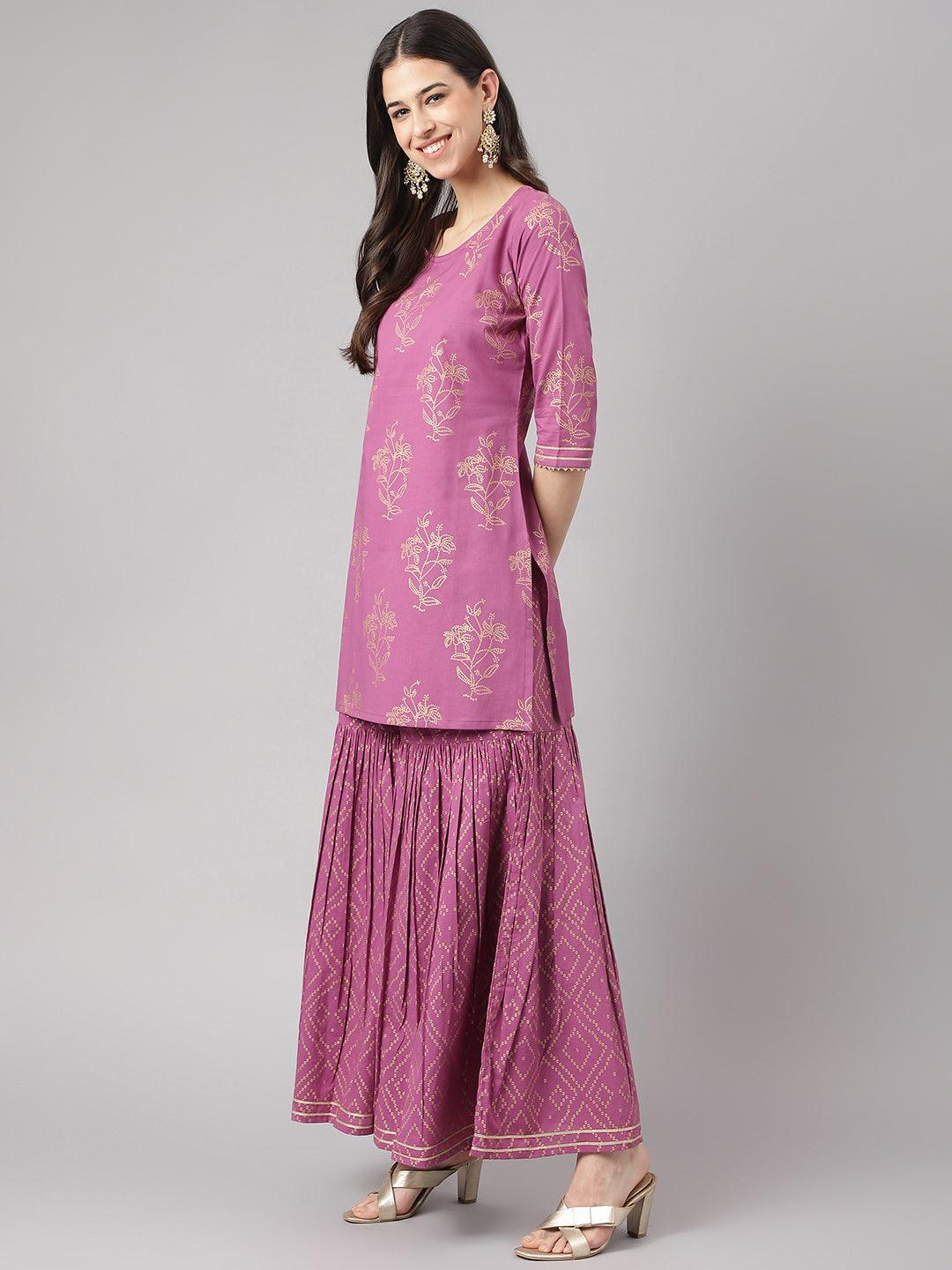 Divena Purple Foil Print Cotton Sharara Set with Dupatta