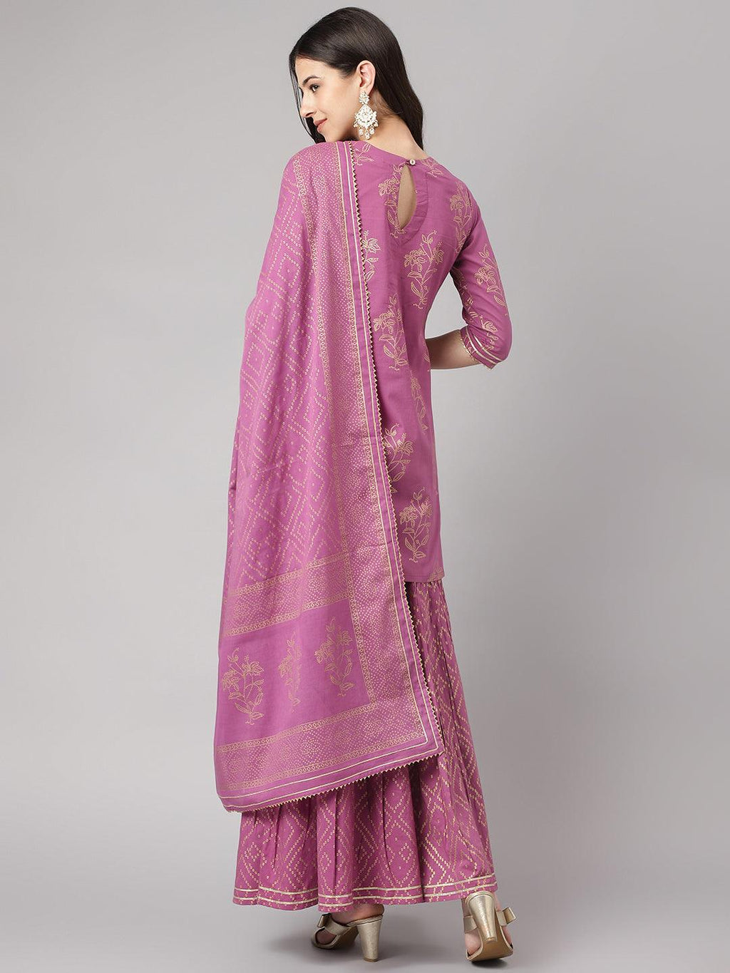 Divena Purple Foil Print Cotton Sharara Set with Dupatta