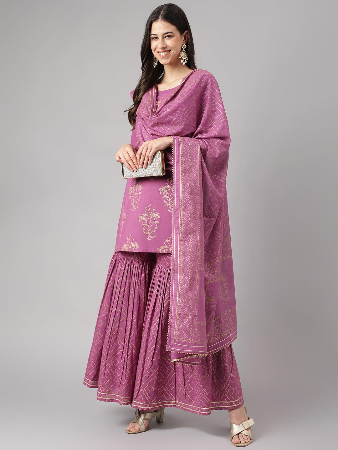 Divena Purple Foil Print Cotton Sharara Set with Dupatta