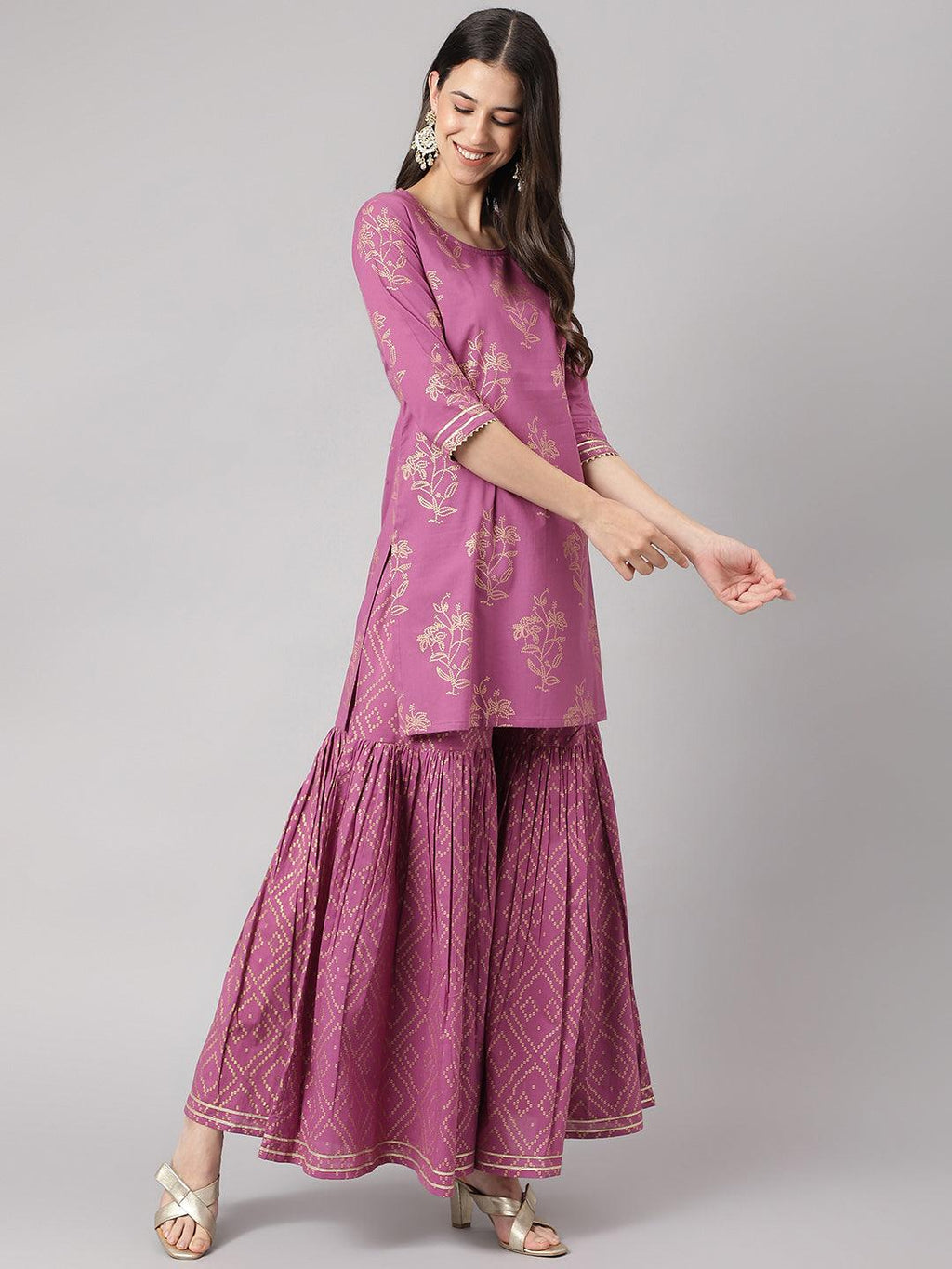 Divena Purple Foil Print Cotton Sharara Set with Dupatta
