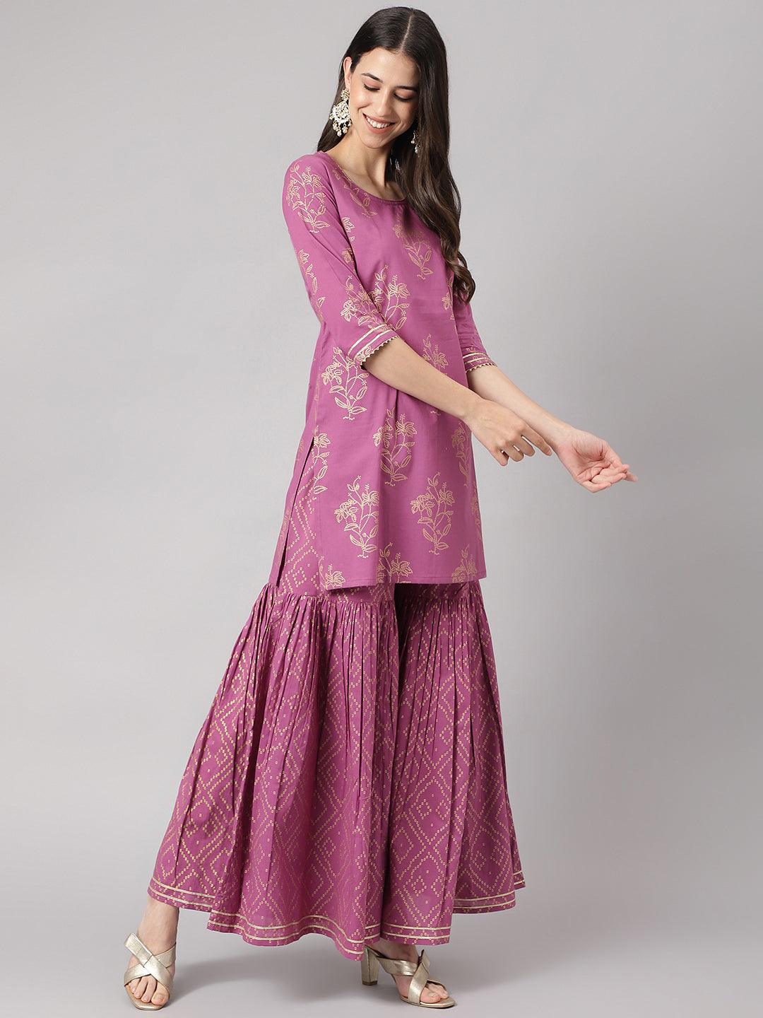 Divena Purple Foil Print Cotton Sharara Set with Dupatta