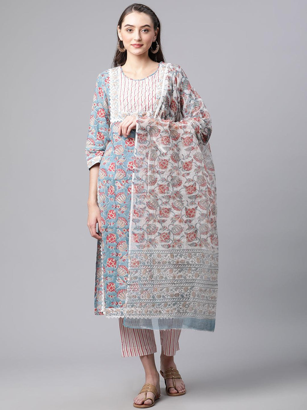 Divena Turquoise Blue Hand Block Printed Kurta Pant Set with Dupatta