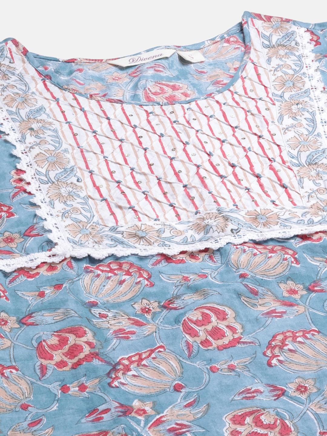 Divena Turquoise Blue Hand Block Printed Kurta Pant Set with Dupatta