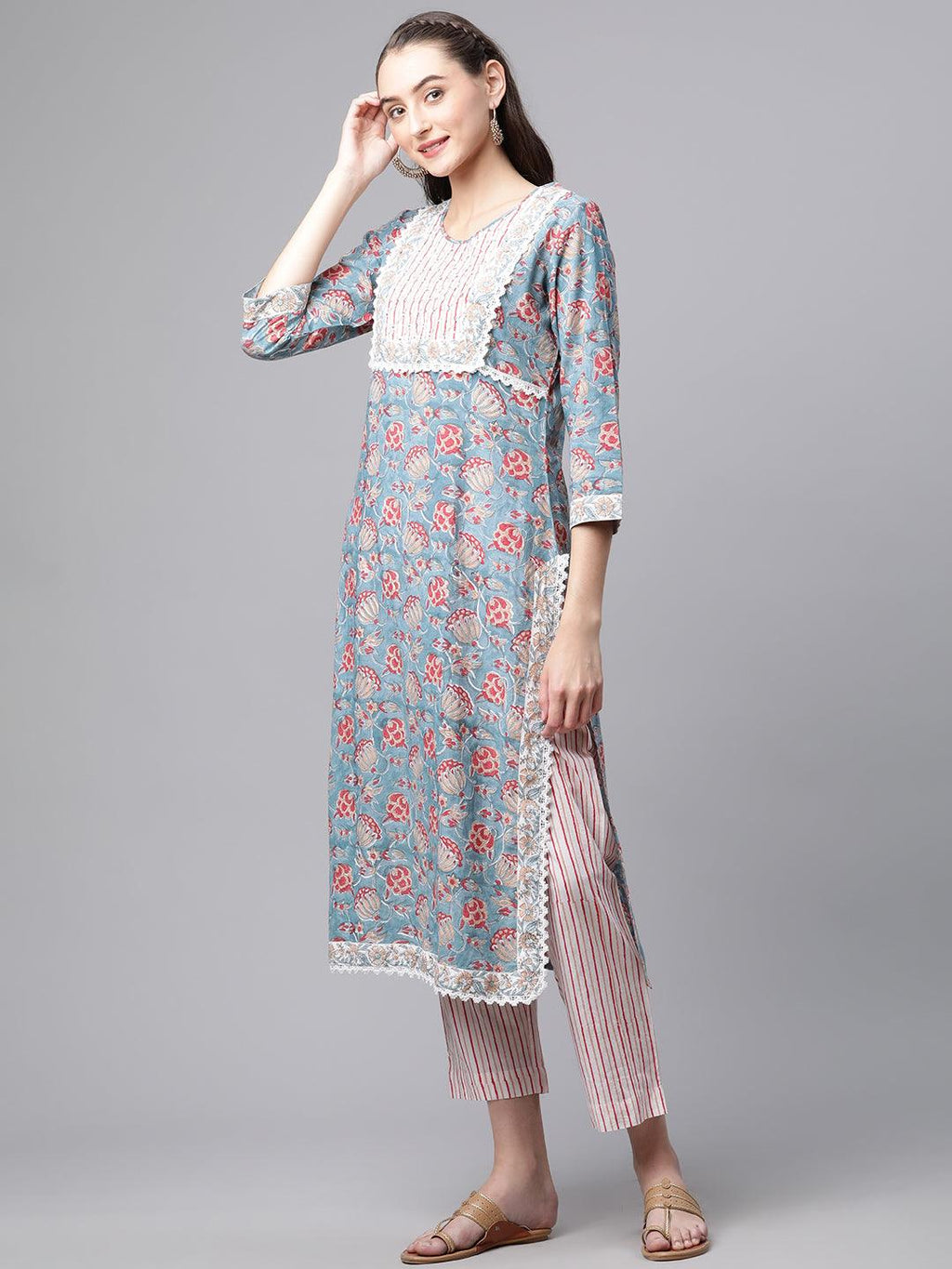 Divena Turquoise Blue Hand Block Printed Kurta Pant Set with Dupatta