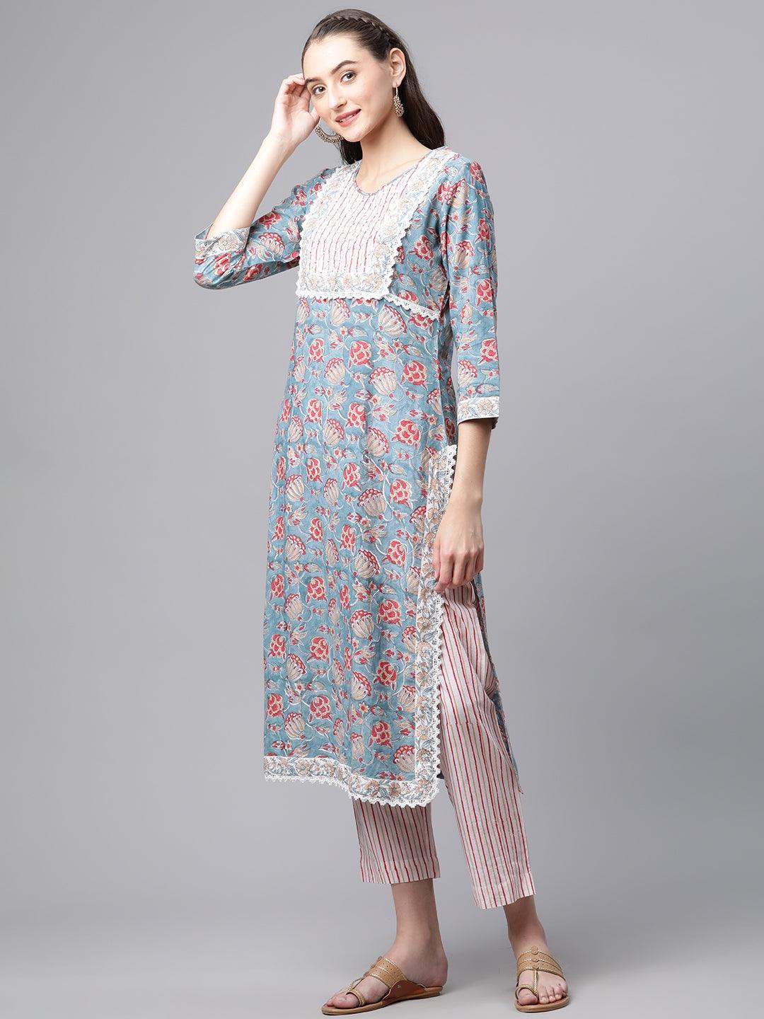 Divena Turquoise Blue Hand Block Printed Kurta Pant Set with Dupatta