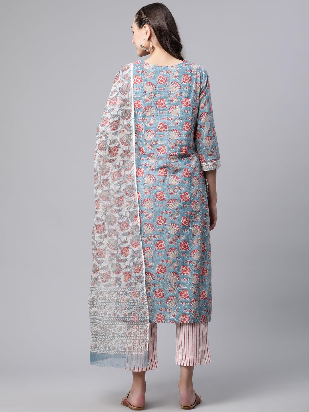 Divena Turquoise Blue Hand Block Printed Kurta Pant Set with Dupatta
