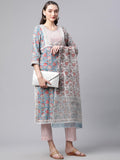 Divena Turquoise Blue Hand Block Printed Kurta Pant Set with Dupatta