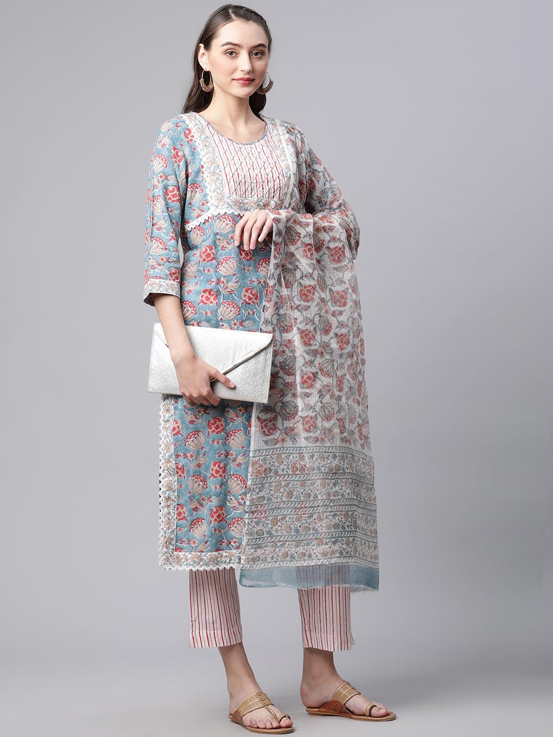 Divena Turquoise Blue Hand Block Printed Kurta Pant Set with Dupatta