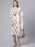 Divena White Floral Kurta pant set with Mulmul Dupatta