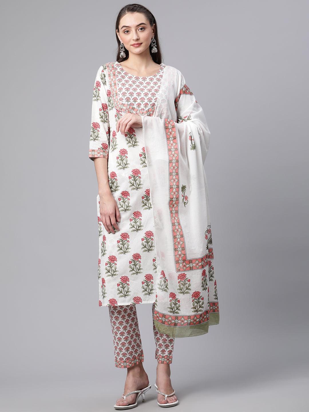 Divena White Floral Kurta pant set with Mulmul Dupatta