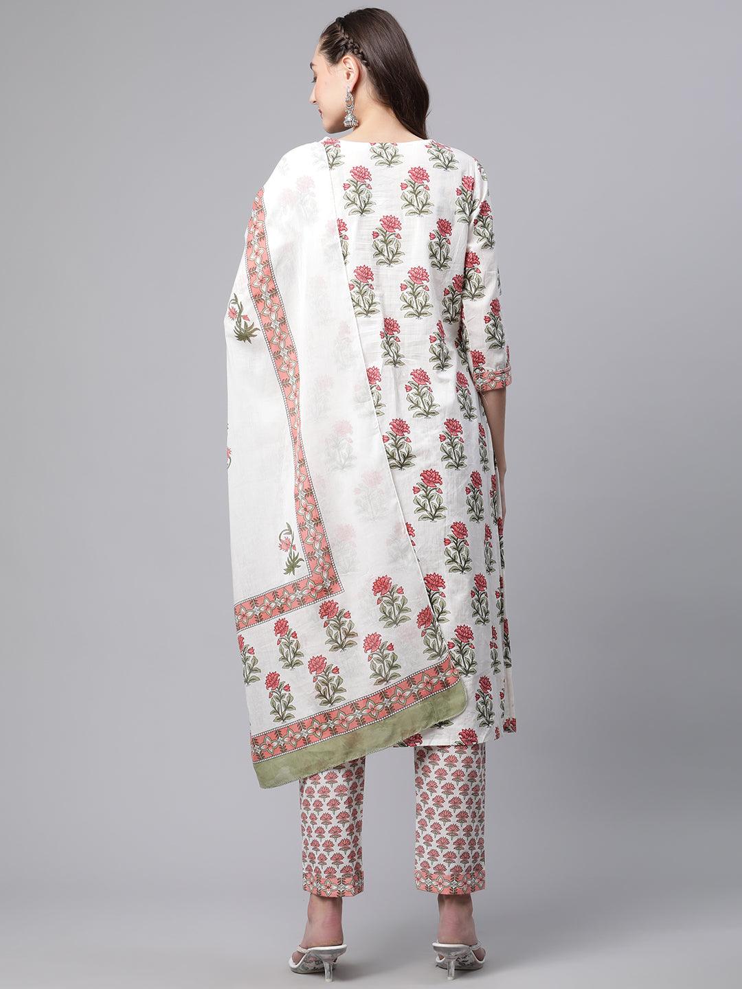Divena White Floral Kurta pant set with Mulmul Dupatta