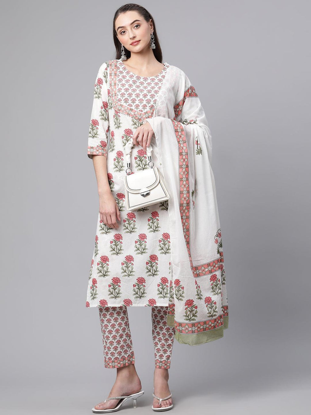 Divena White Floral Kurta pant set with Mulmul Dupatta