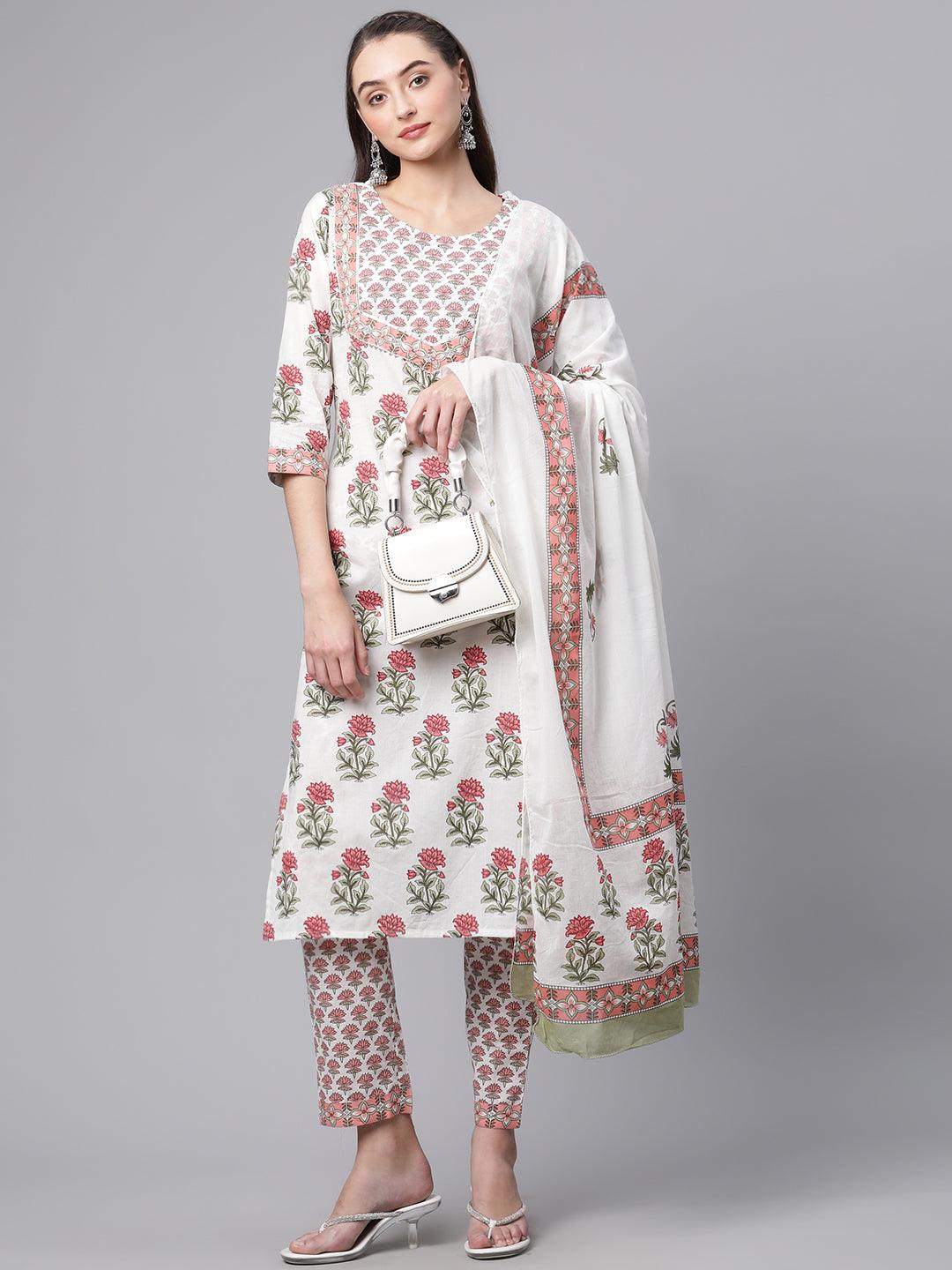 Divena White Floral Kurta pant set with Mulmul Dupatta