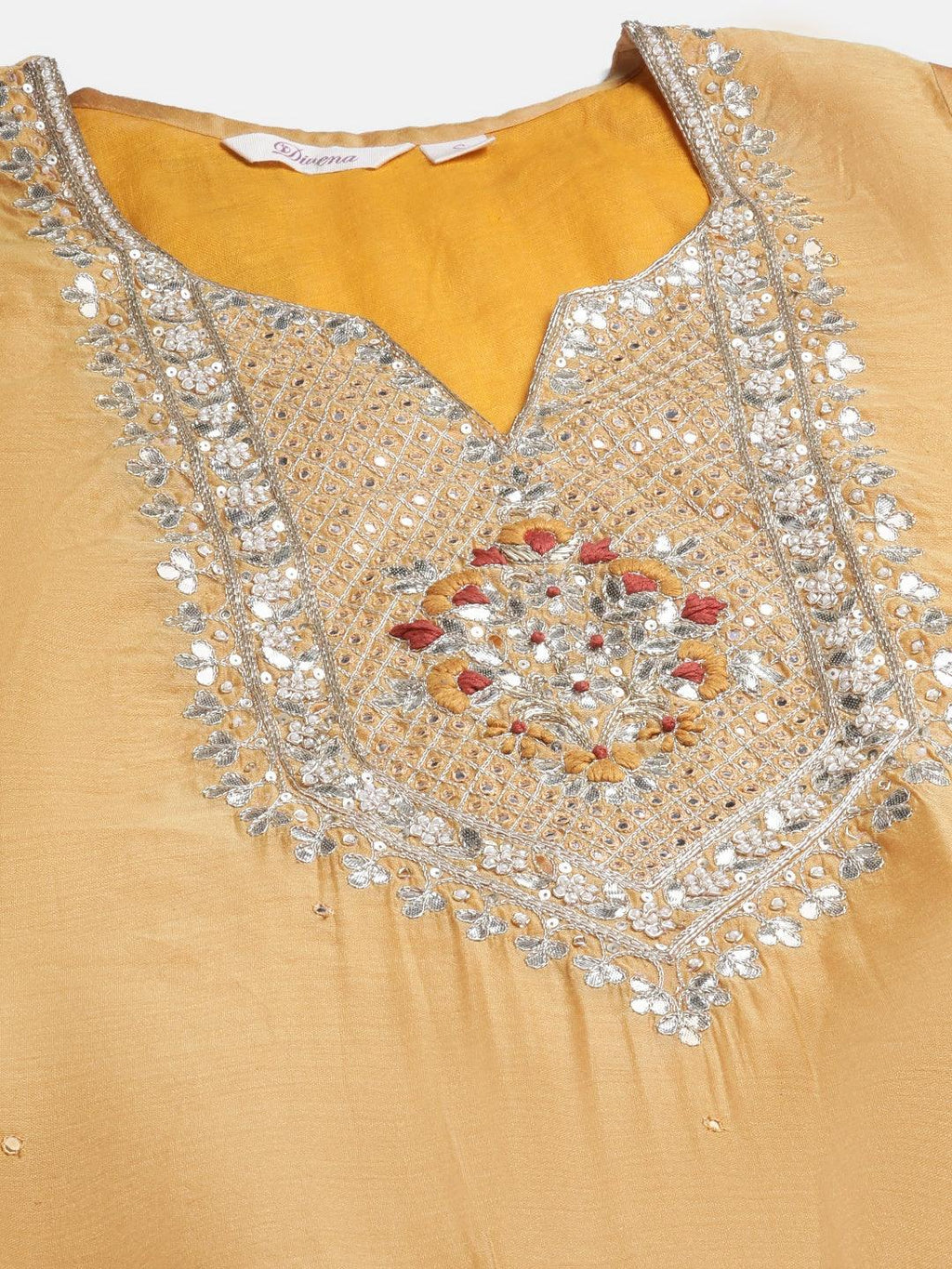 Divena Yellow Gold Embroidered Chenderi Kurta Sharara Set with Dupatta