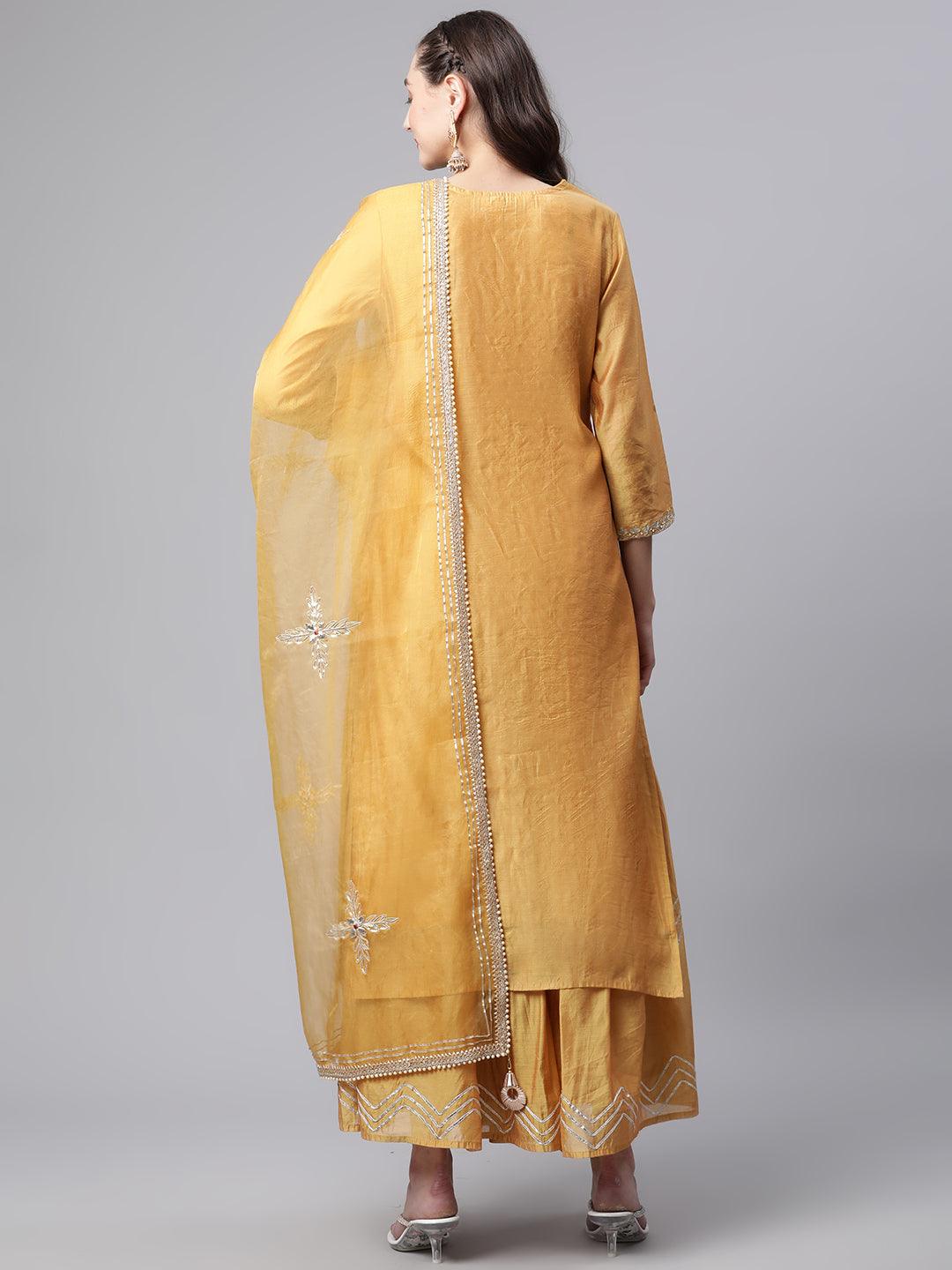 Divena Yellow Gold Embroidered Chenderi Kurta Sharara Set with Dupatta