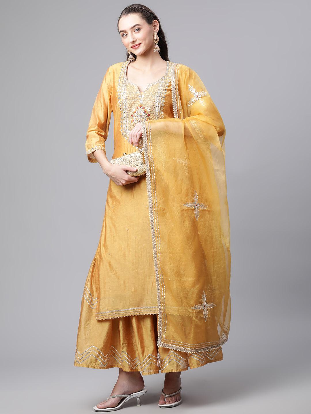 Divena Yellow Gold Embroidered Chenderi Kurta Sharara Set with Dupatta