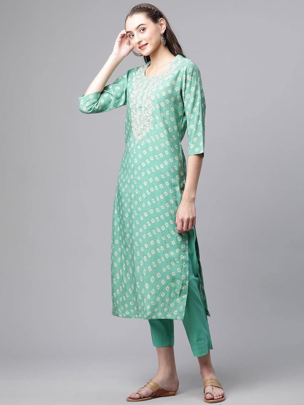 Divena Green Chanderi Kurta Cotton pant set With Chiffon leheriya Dupatta