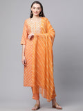Divena Orange Chanderi Kurta Cotton pant set With Chiffon leheriya Dupatta