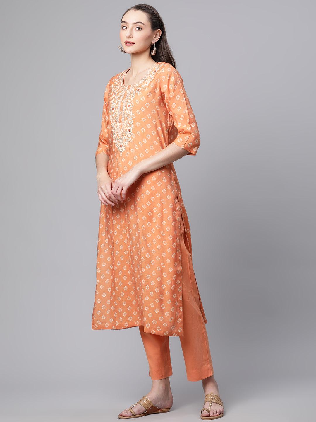 Divena Orange Chanderi Kurta Cotton pant set With Chiffon leheriya Dupatta