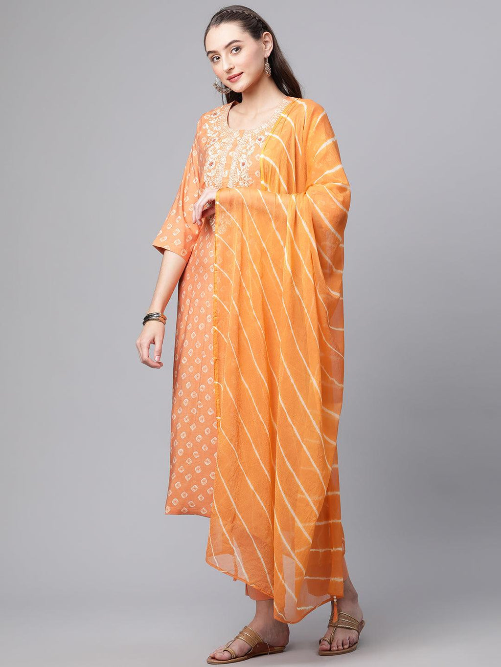 Divena Orange Chanderi Kurta Cotton pant set With Chiffon leheriya Dupatta
