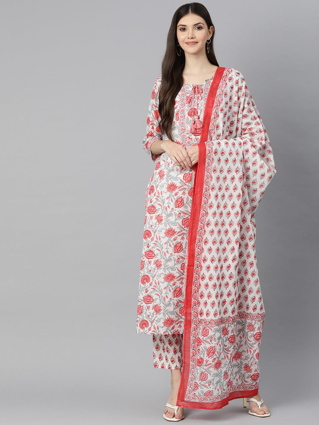 Divena White Floral Printed Kurta Pant Set with Dupatta