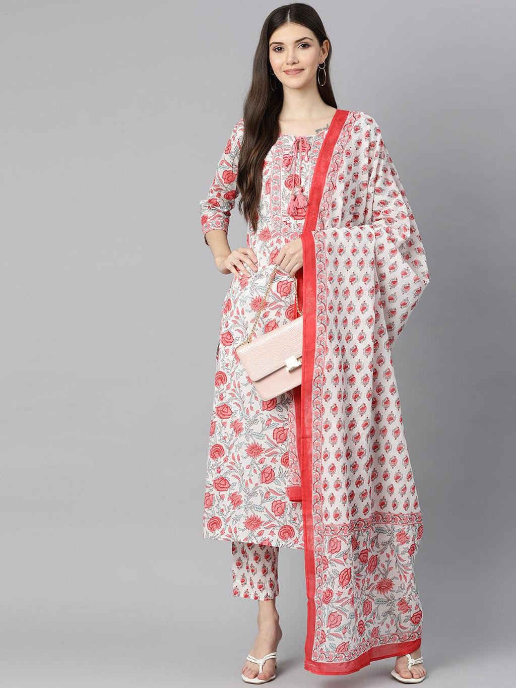 Divena White Floral Printed Kurta Pant Set with Dupatta