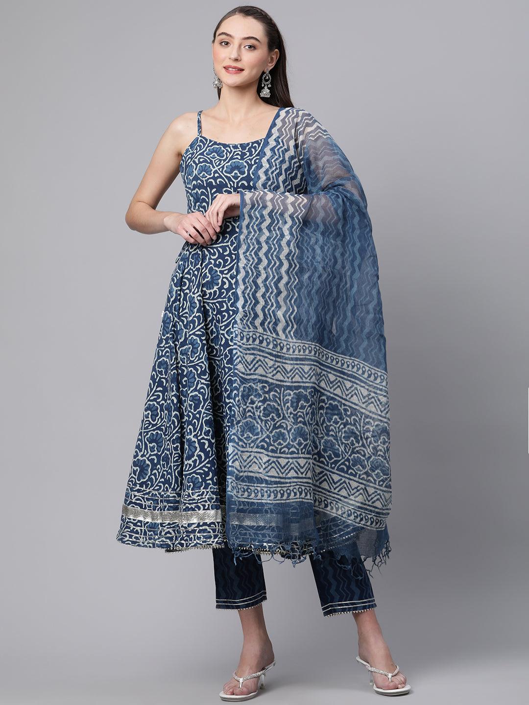 Divena Indigo Hand Block Printed Anarkali Kurta Pant Set with Dupatta