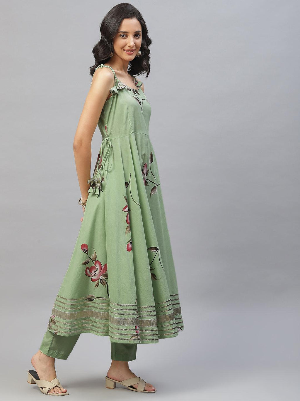 Divena Light Green Hand Painted Floral Anarkali Kurta Pant Set with Dupatta