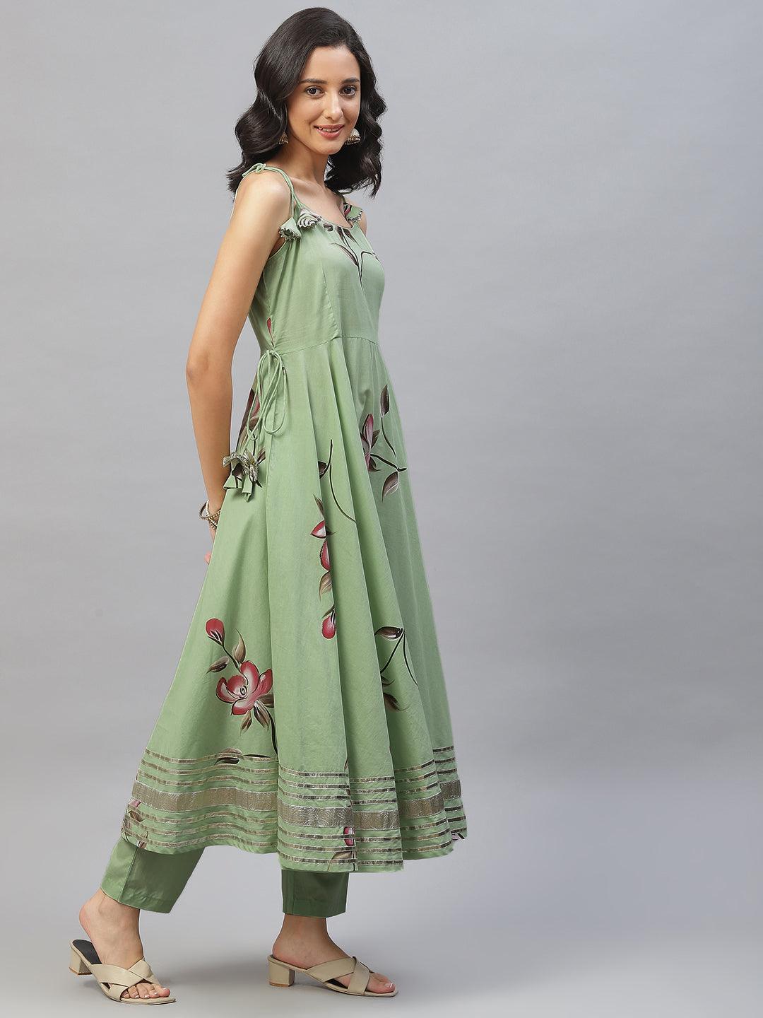Divena Light Green Hand Painted Floral Anarkali Kurta Pant Set with Dupatta