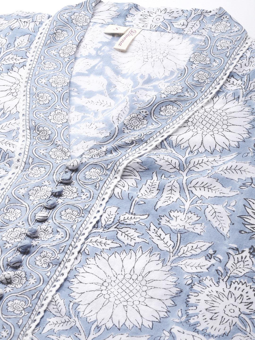 Divena Sky blue Hand Block Printed Straight kurta Pant Set with Dupatta