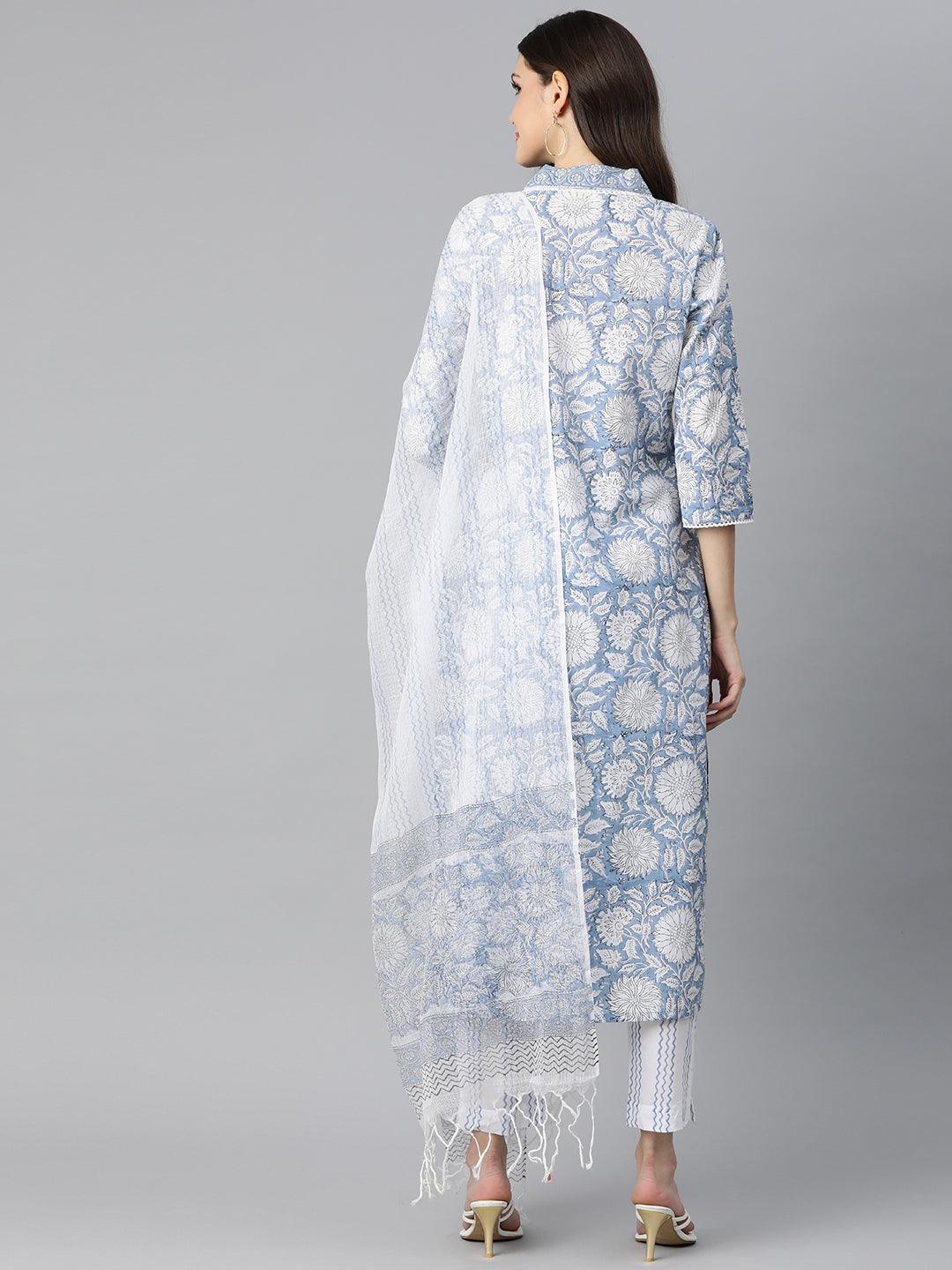 Divena Sky blue Hand Block Printed Straight kurta Pant Set with Dupatta