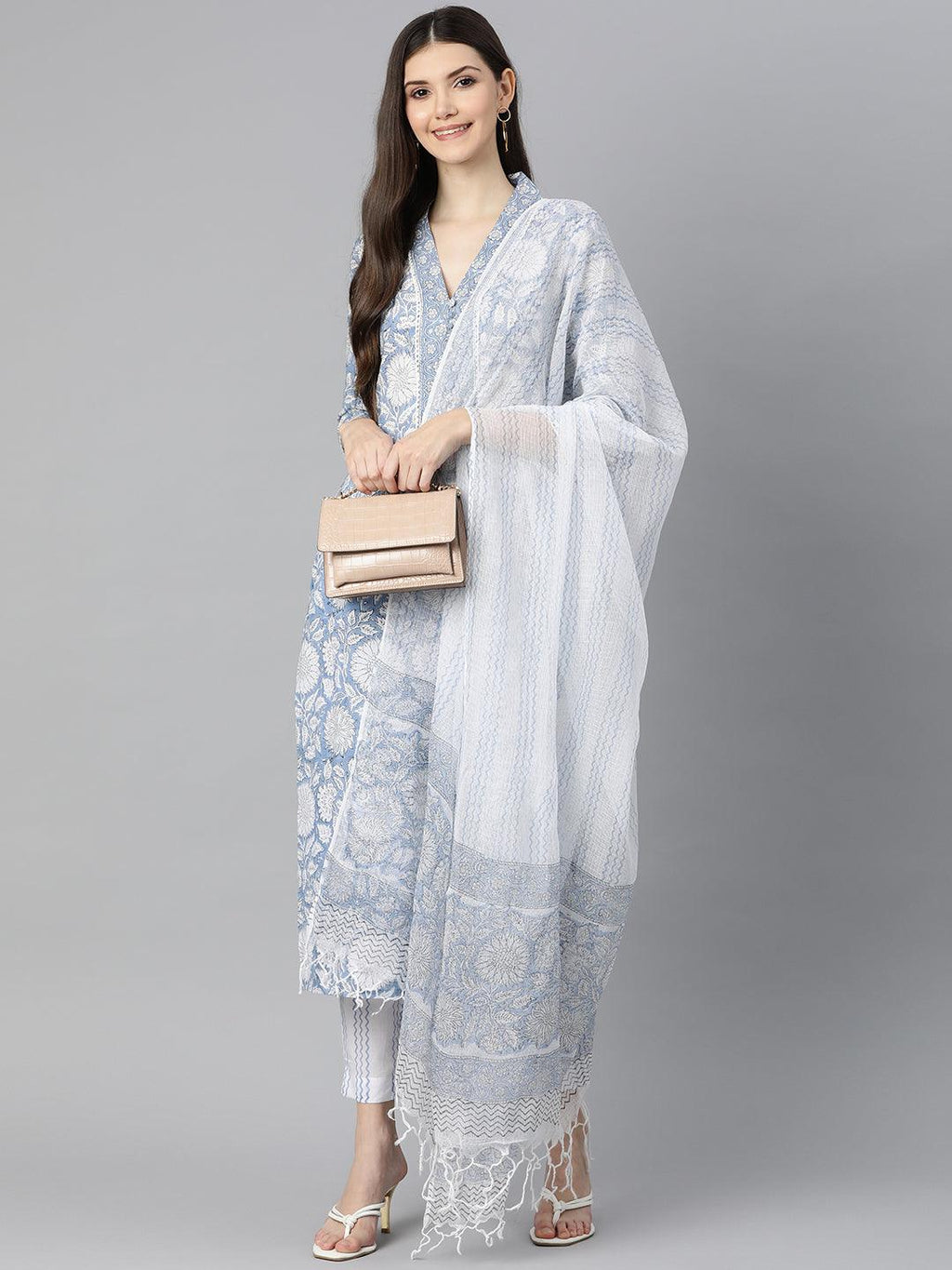 Divena Sky blue Hand Block Printed Straight kurta Pant Set with Dupatta