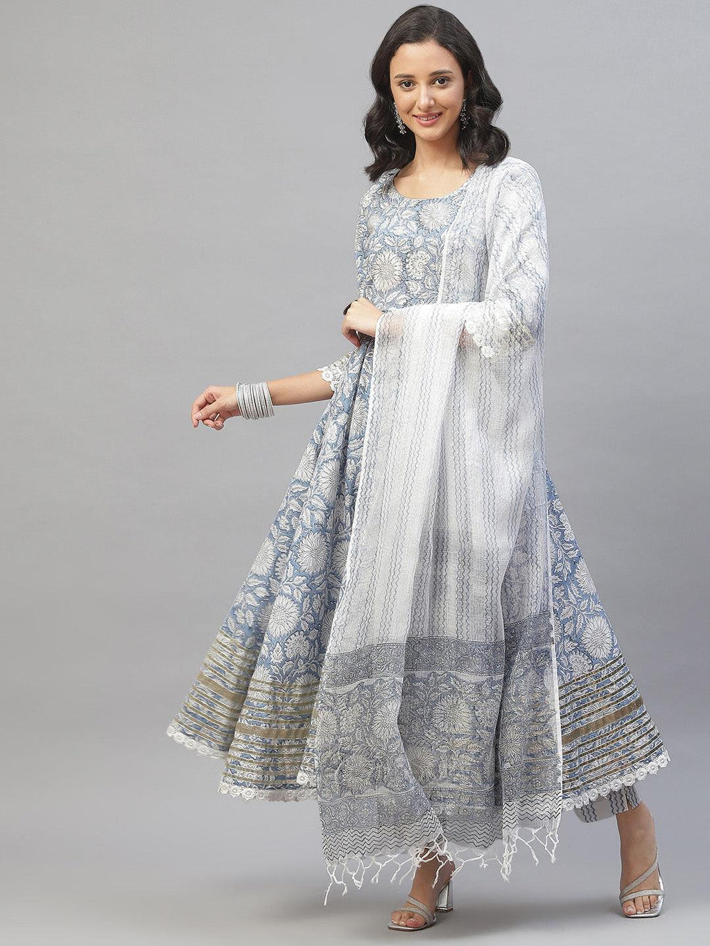Divena Sky blue Hand Block Printed Anarkali kurta Pant Set with Dupatta