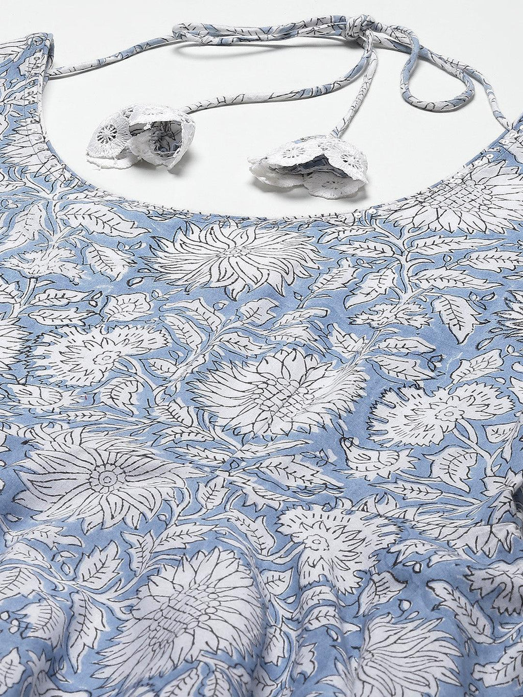 Divena Sky blue Hand Block Printed Anarkali kurta Pant Set with Dupatta