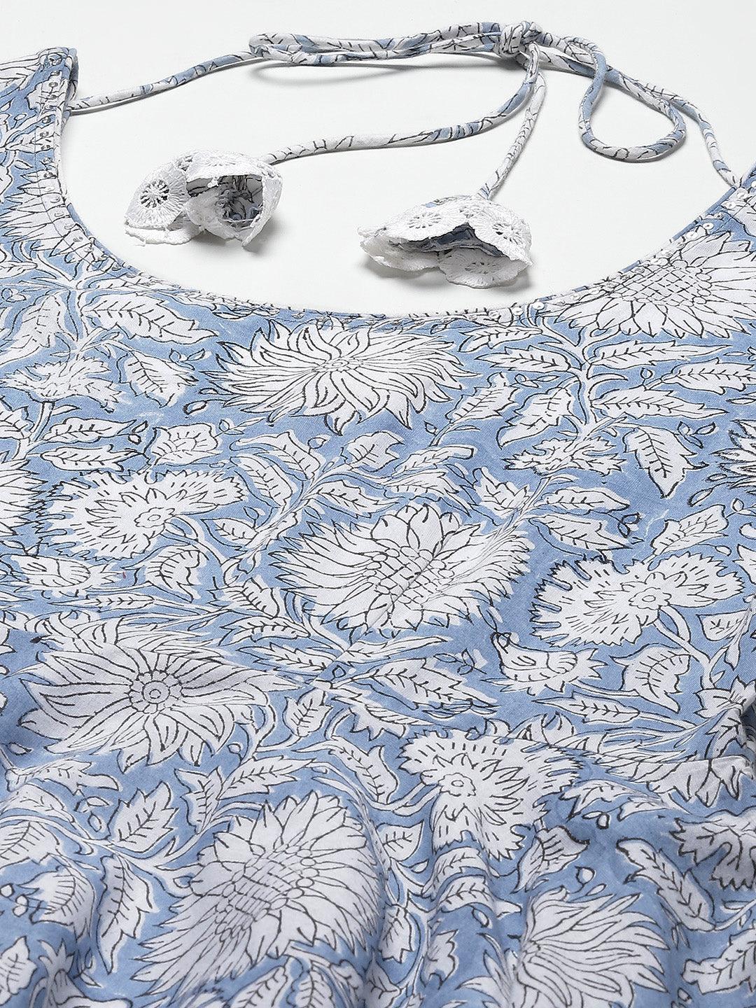 Divena Sky blue Hand Block Printed Anarkali kurta Pant Set with Dupatta