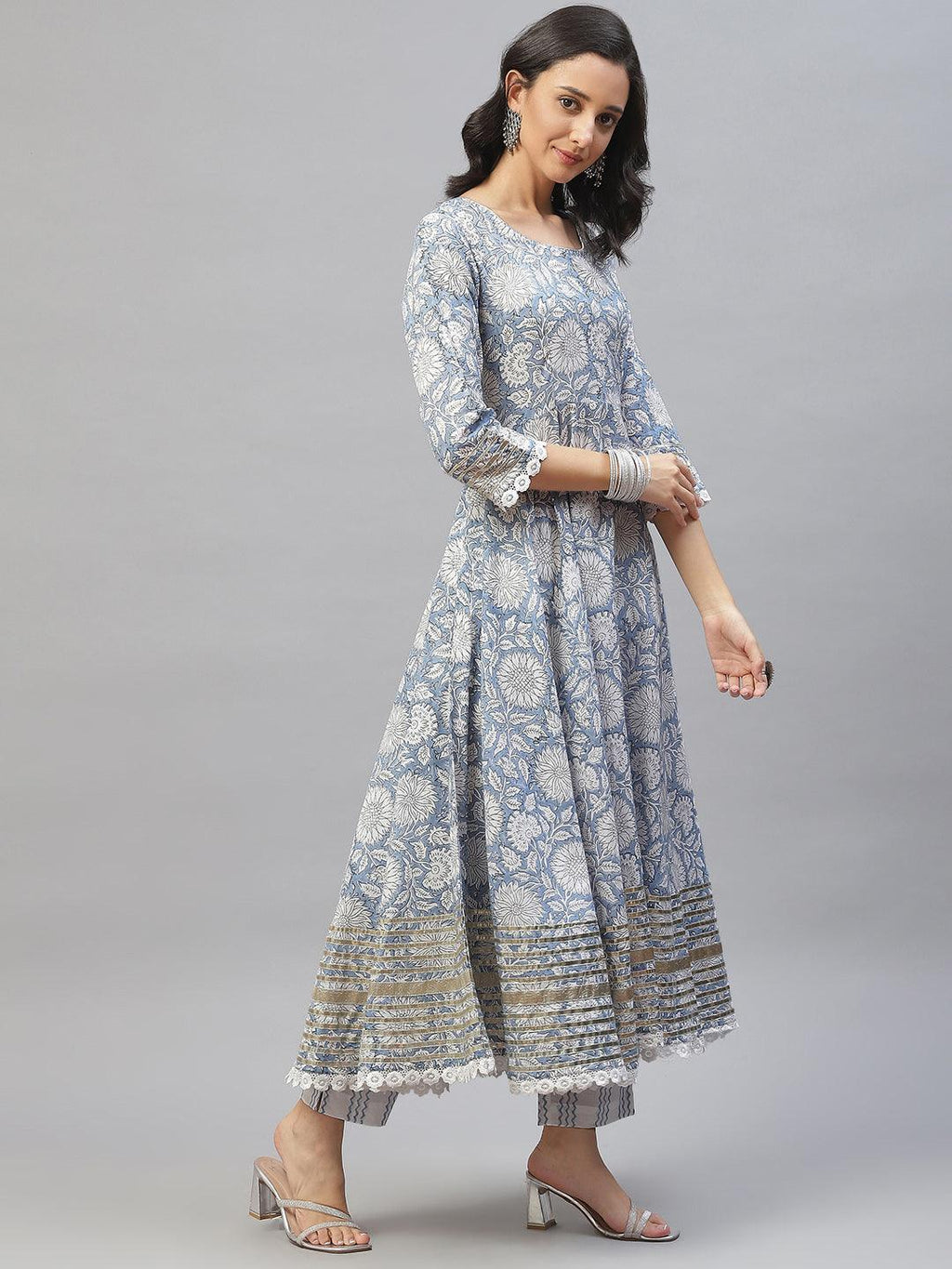 Divena Sky blue Hand Block Printed Anarkali kurta Pant Set with Dupatta
