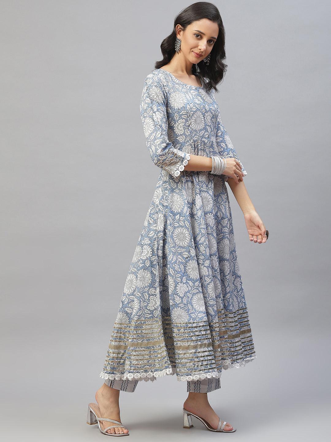 Divena Sky blue Hand Block Printed Anarkali kurta Pant Set with Dupatta