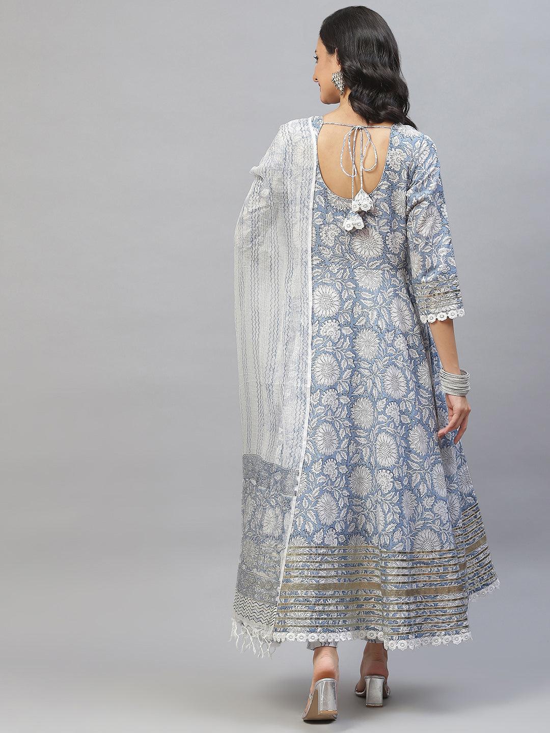 Divena Sky blue Hand Block Printed Anarkali kurta Pant Set with Dupatta