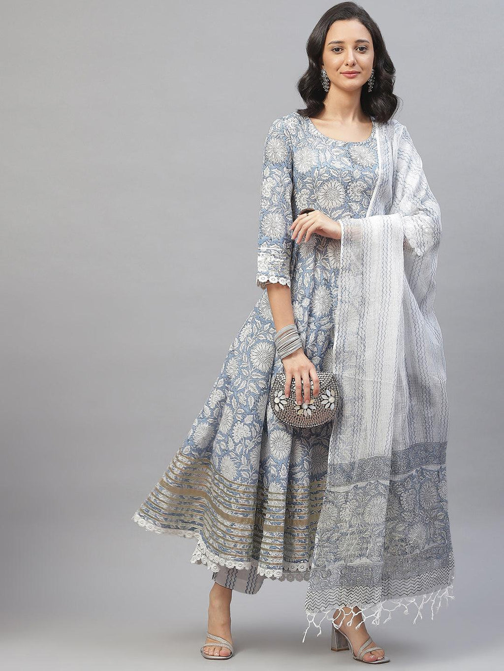 Divena Sky blue Hand Block Printed Anarkali kurta Pant Set with Dupatta