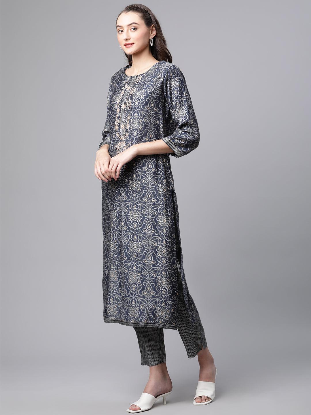 Divena Blue Bandhani Print Chanderi Kurta pant set With Dupatta