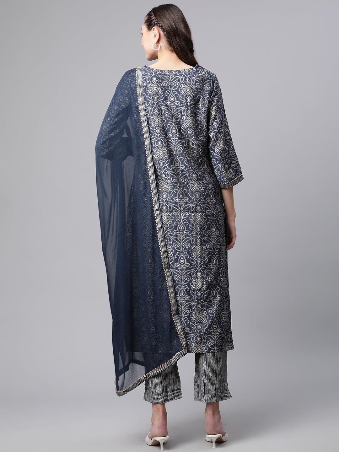 Divena Blue Bandhani Print Chanderi Kurta pant set With Dupatta