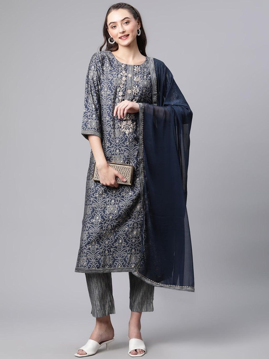 Divena Blue Bandhani Print Chanderi Kurta pant set With Dupatta