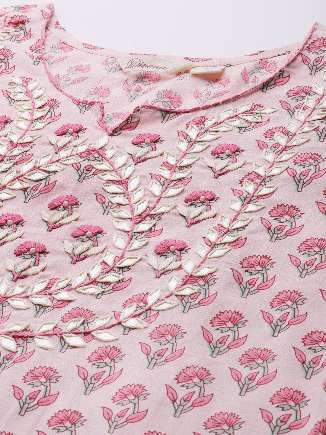 Divena Pink Cotton Straight Kurta Pant Set With Dupatta