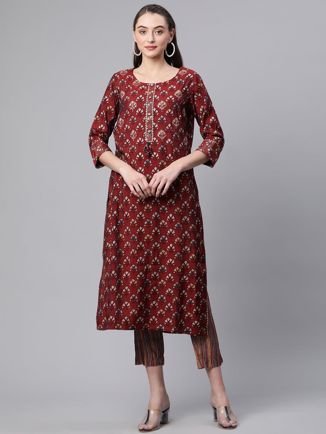 Divena Maroon Chanderi Kurta pant set