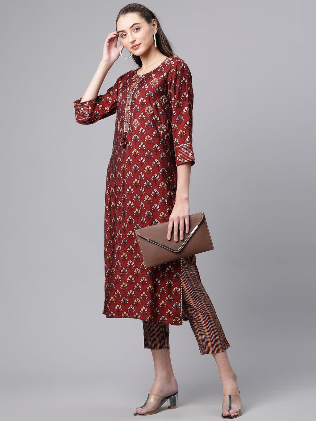 Divena Maroon Chanderi Kurta pant set